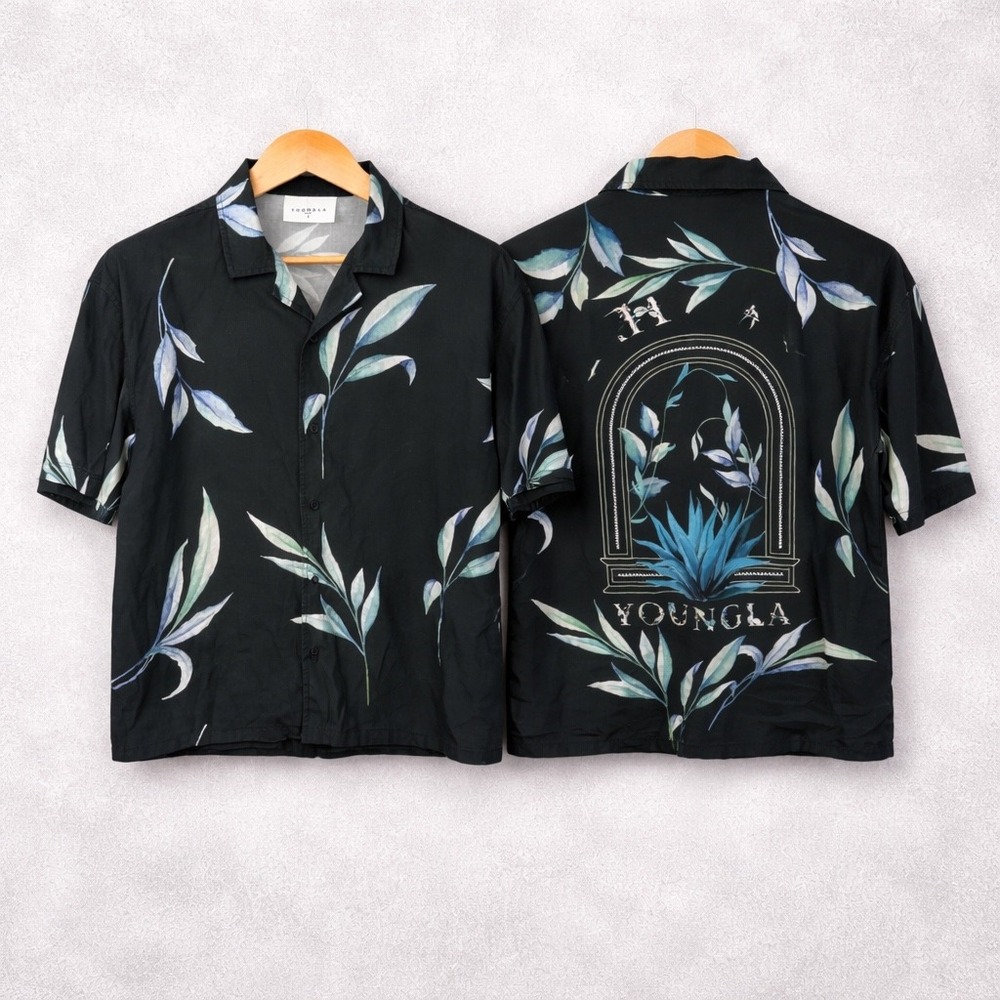 YoungLA Lah Casa Black‎ Botanical Leaf Print Tencel Linen Shirt Mens Small 4038